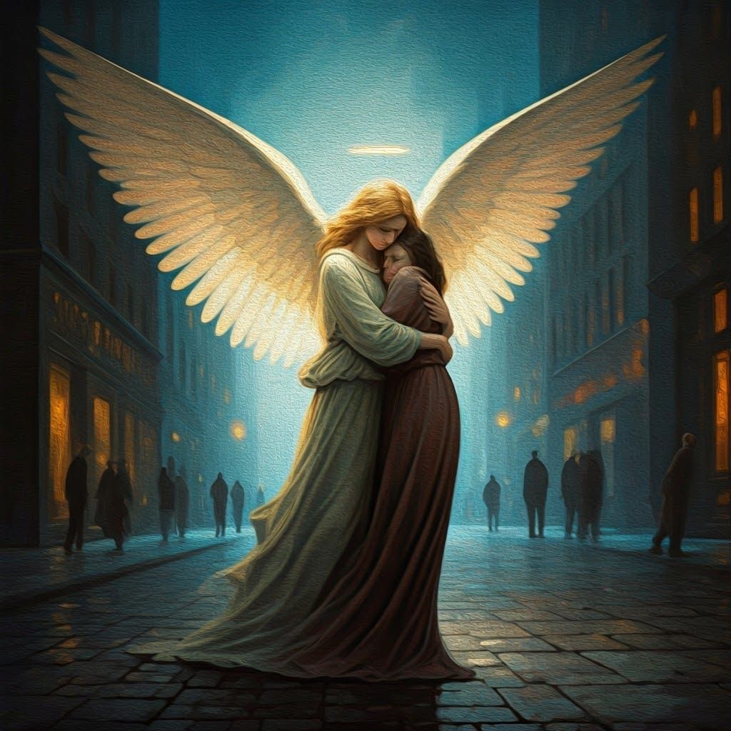 Guardian Angel Shelters Woman in Impressionist Cityscape