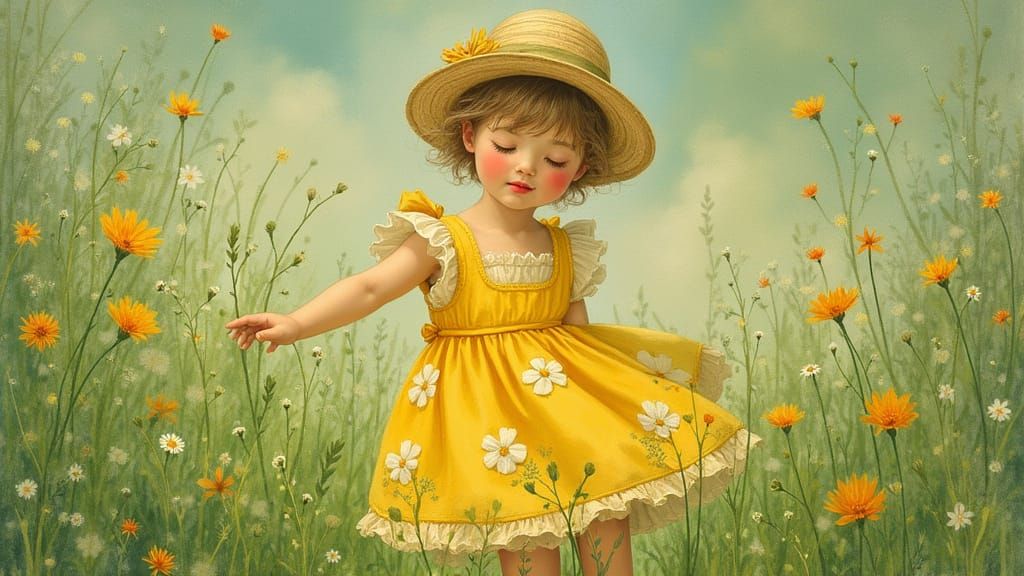 Girl in Meadow, Whimsical Art Nouveau Illustration