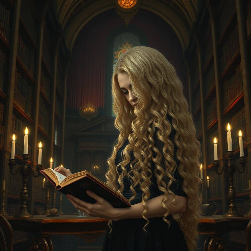 Gothic Woman of Mystery in a Lavish, Ancient Library
