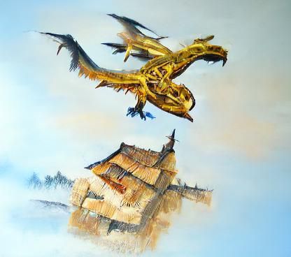 Golden Dragon Over Medieval Village: Oil Painting