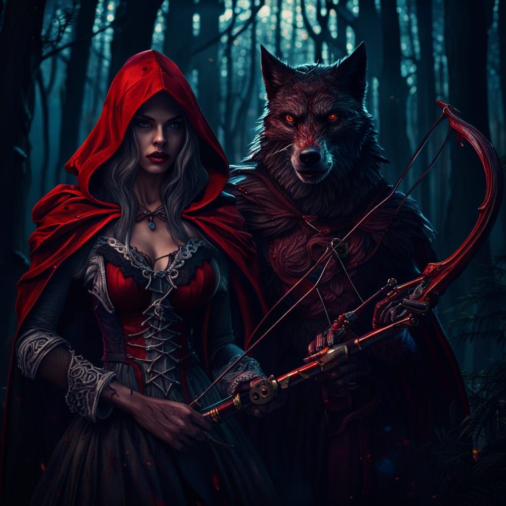 Gothic Red Riding Hood and Werewolf in Dark Forest