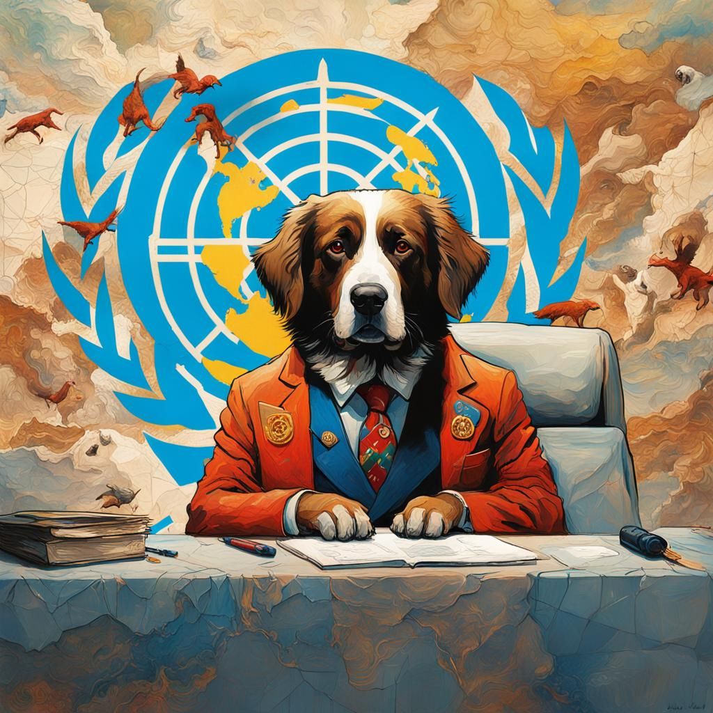 Dog Attends United Nations Meeting: Impasto Gouache Illustra...