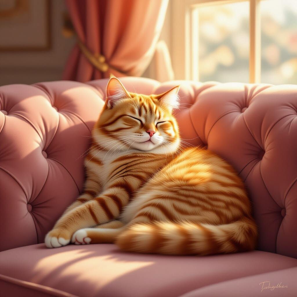 Peach Cat Relaxing on Velvet Couch in Warm Light