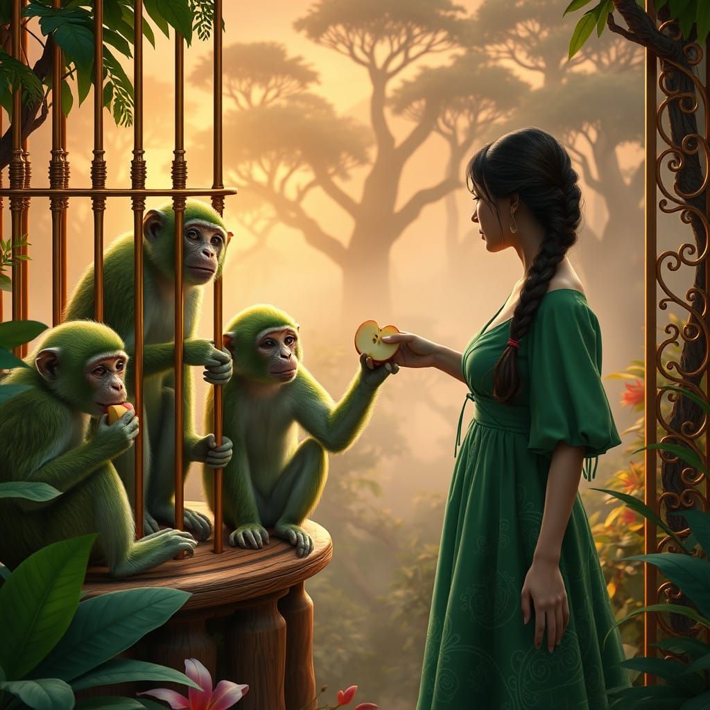 Monkeys Share Juicy Treat with a Friend in a Vibrant Zoo