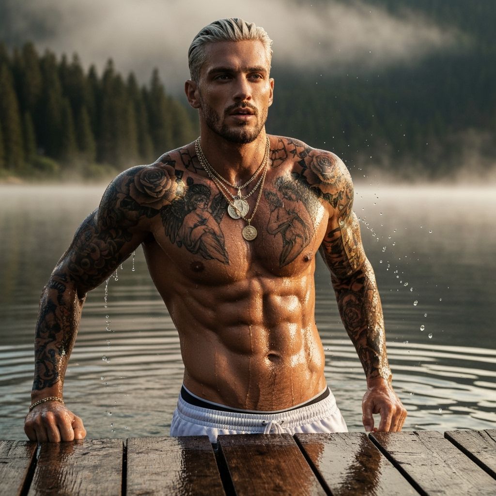 Muscular Man Emerges from Mountain Lake at Dawn