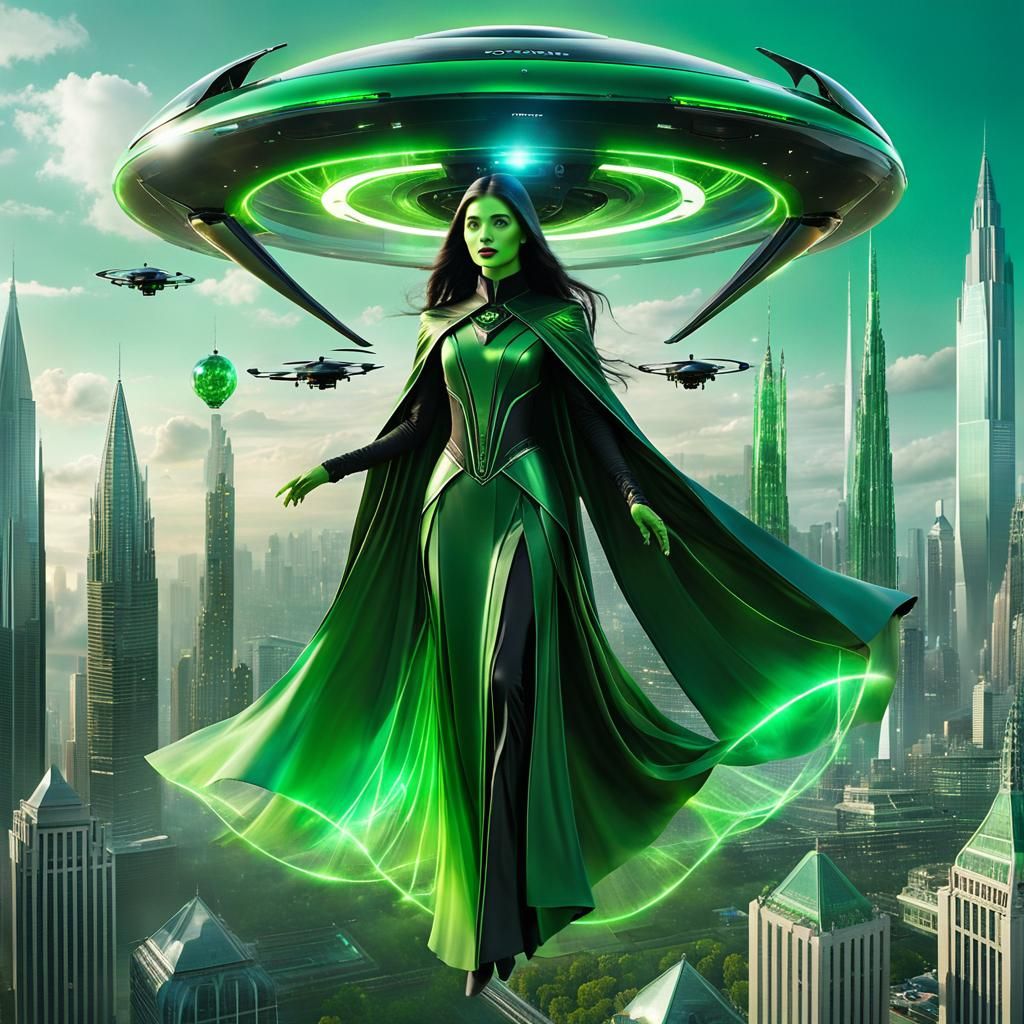 Green Witch Soaring on Futuristic Drone