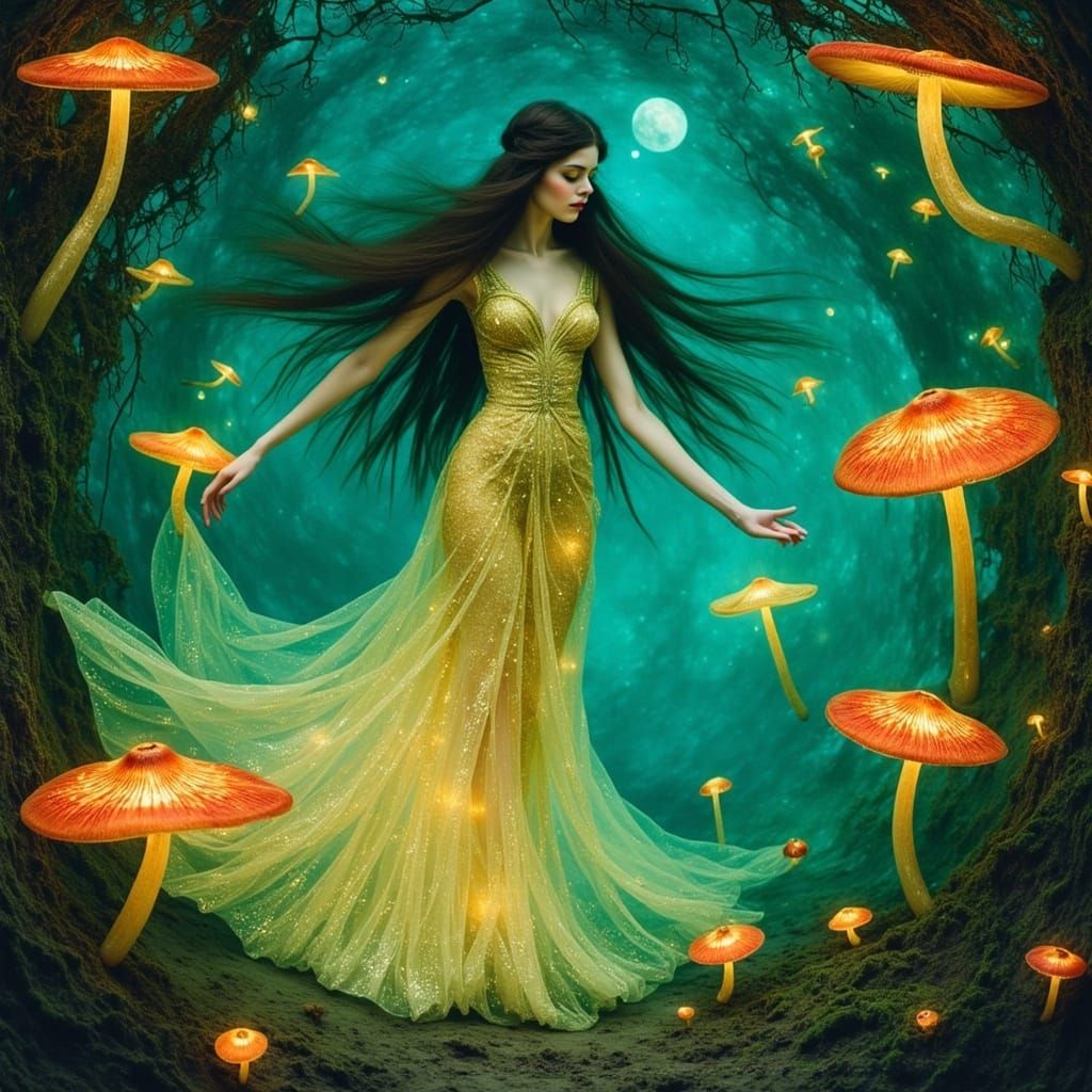 Ethereal Emerald Princess in Bioluminescent Grotto