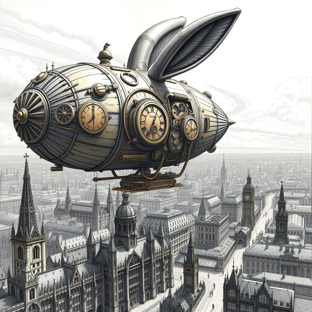 Steampunk Airship Hare Soars Over Victorian Cityscape in Cyb...