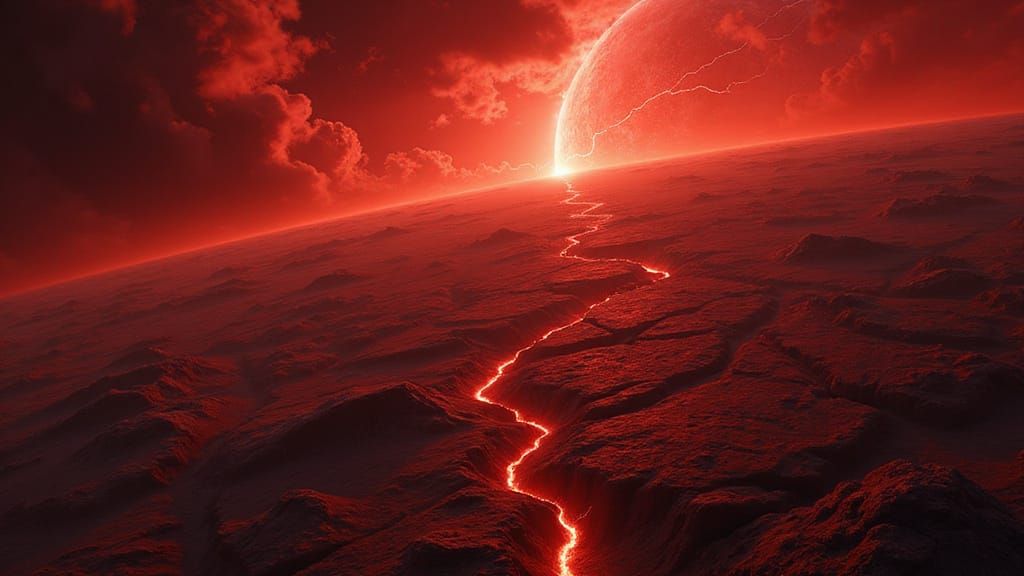 Cosmic Diamond Planet with Red Clouds and Lightning