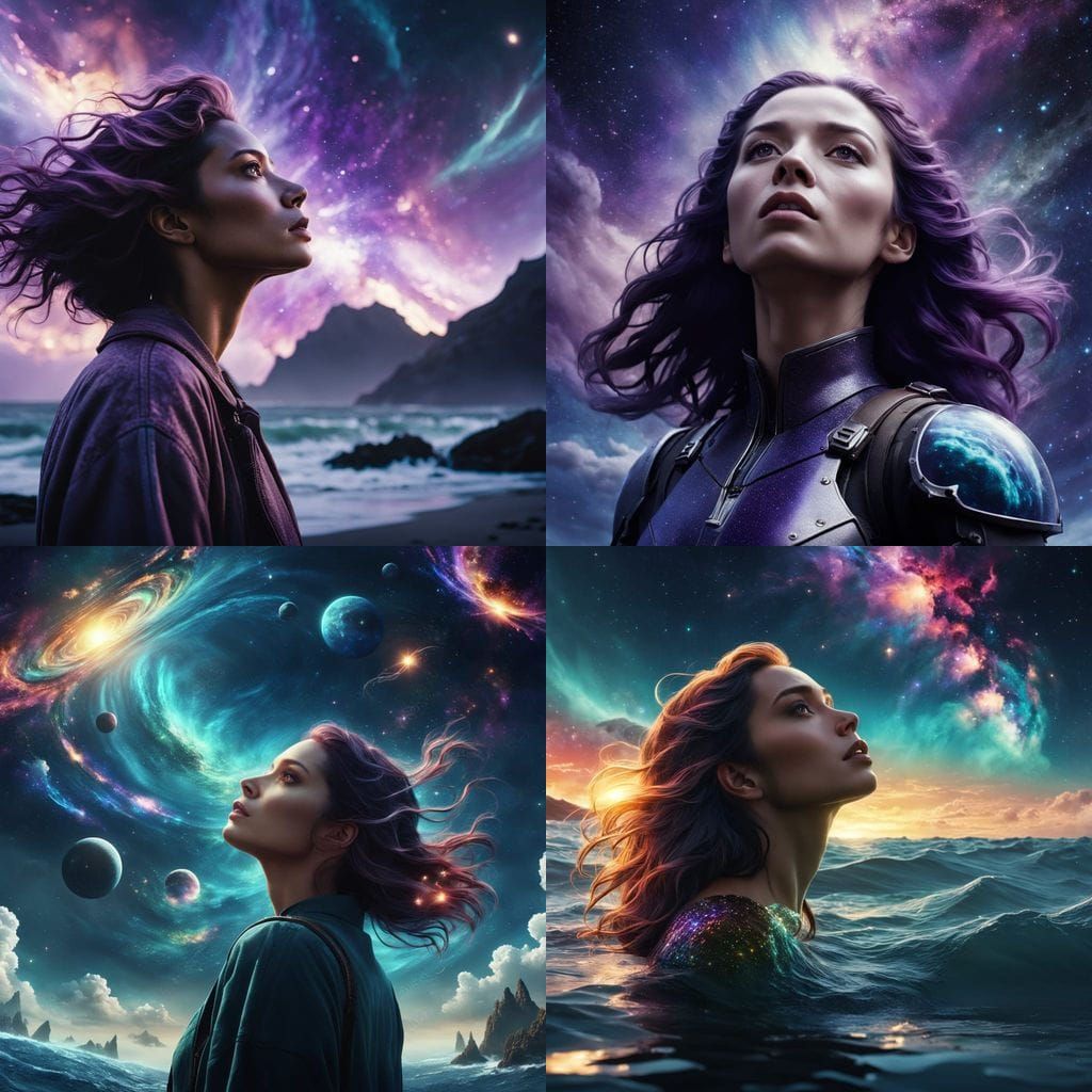 Teenage Girl Touches Galaxies in Sky Ocean