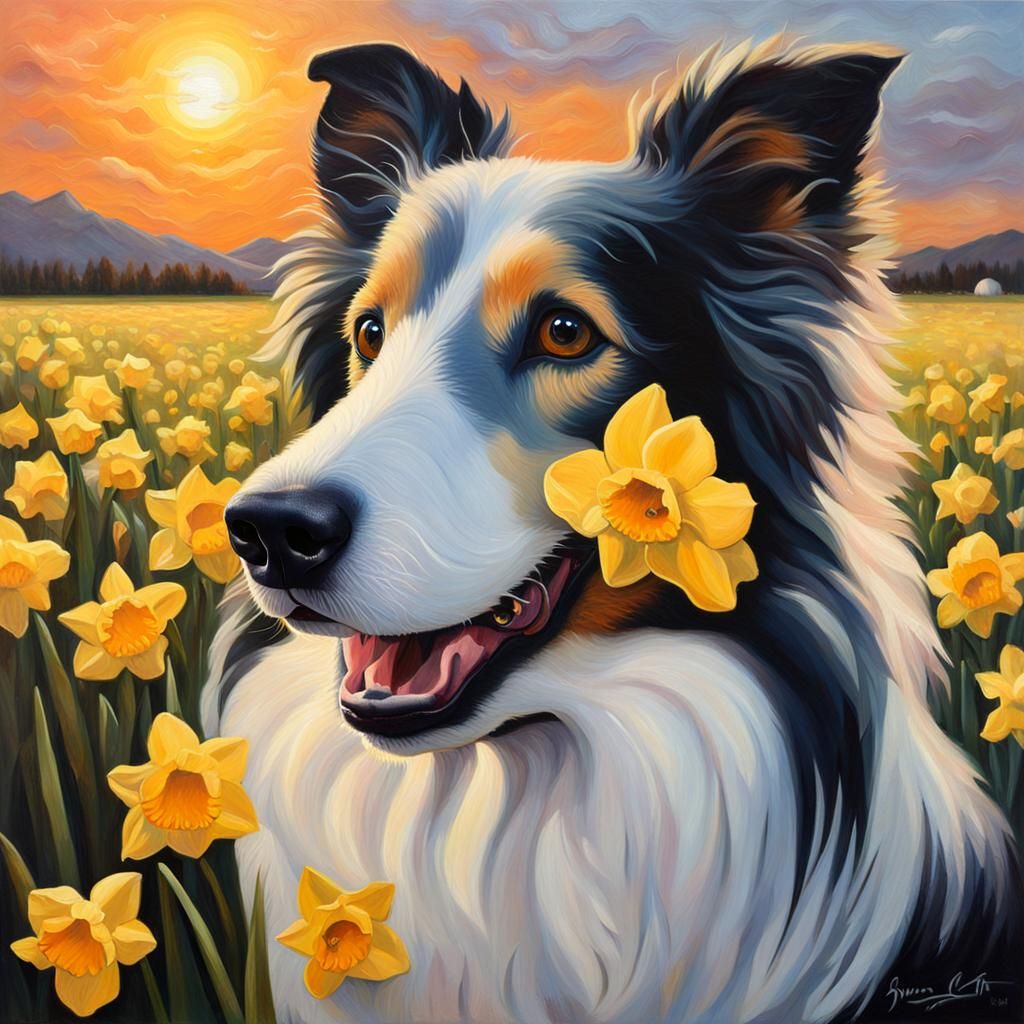 Collie in Daffodil Field: Fantasy Oil Painting