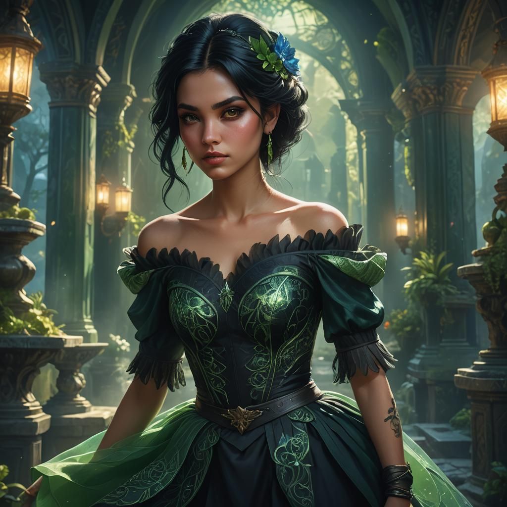 Fantasy Portrait of a Black-Haired Girl in Art Nouveau Style