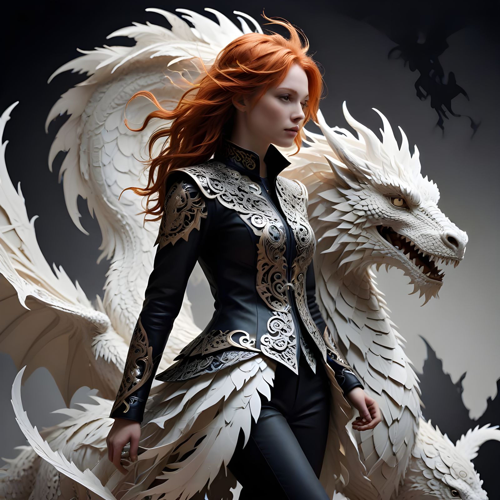 Majestic White Dragon and Rider in Whimsical Cut Paper Art