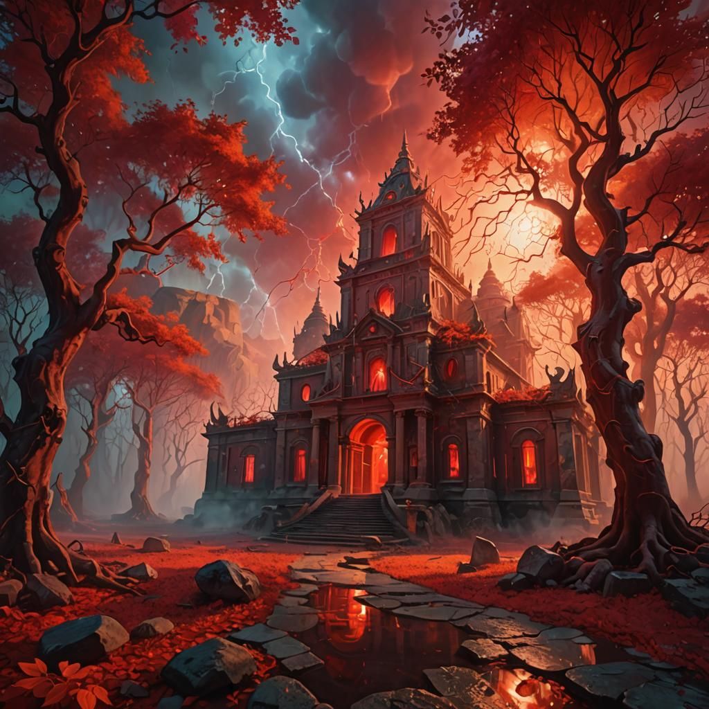 Mystical Sanctuary Illuminated by Red Lightning