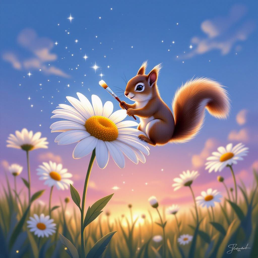 Tiko the Squirrel Paints a Starry Daisy Sky
