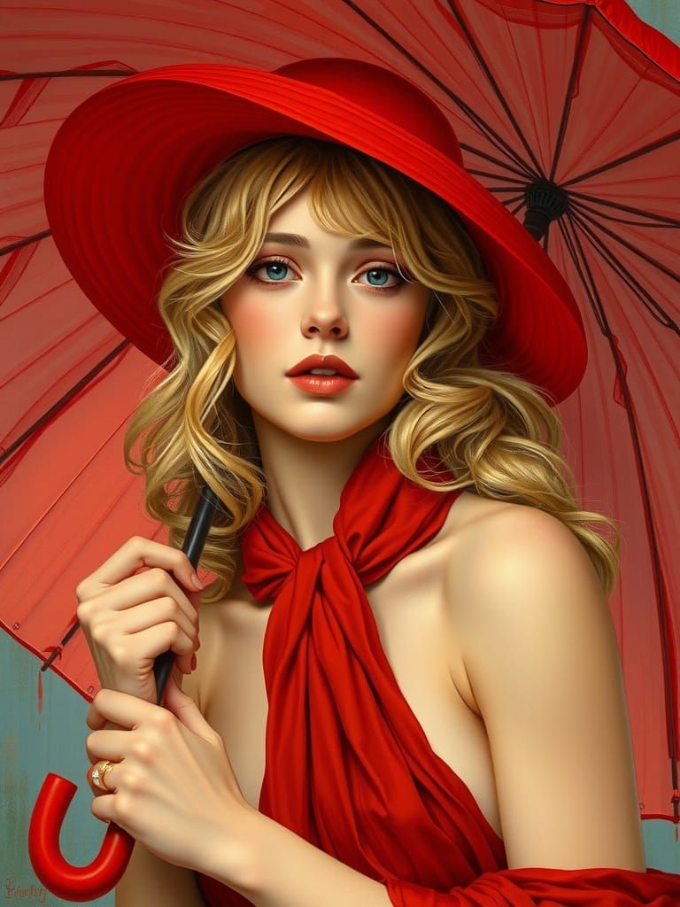Blonde Woman in Red Hat: An Art Nouveau Portrait