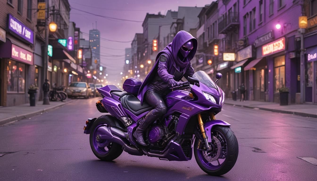 Purple Alien Rides Motorcycle in Purple Cityscape