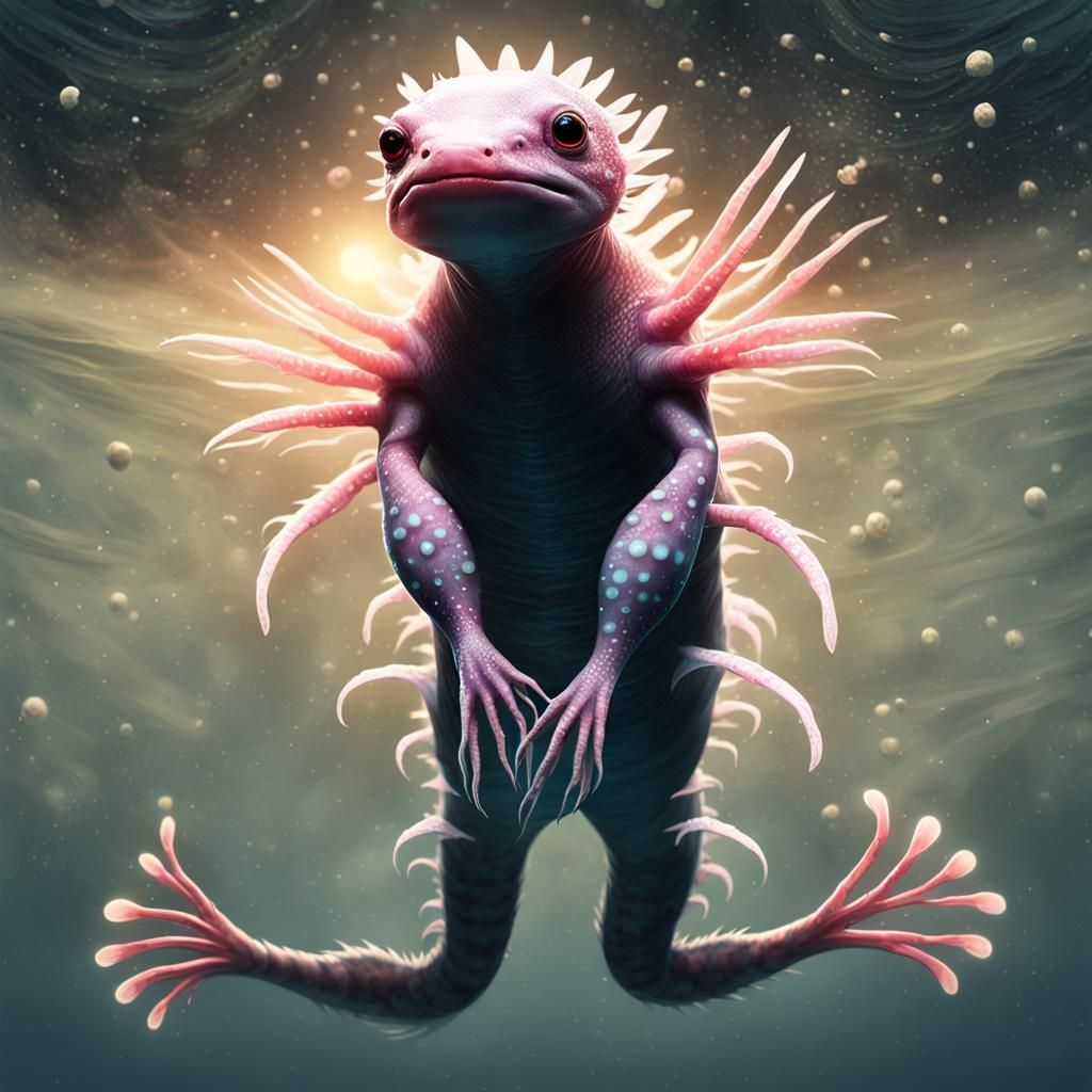 Bioluminescent Axolotl in Dark Fantasy Ocean