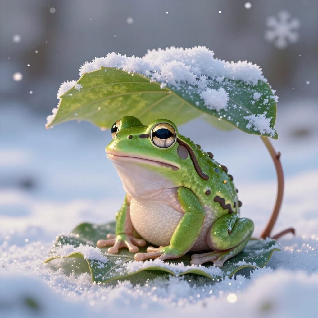 Cute Frog Hiding Under Frosty Leaf in Snow