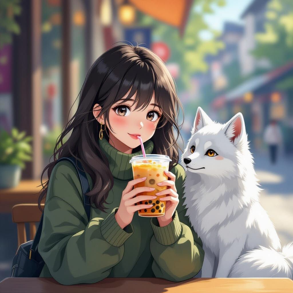 Woman Drinks Bubble Tea With Arctic Fox, Studio Ghibli Anime...