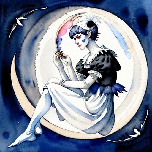 Pierrot on the Moon in Watercolor and Ink