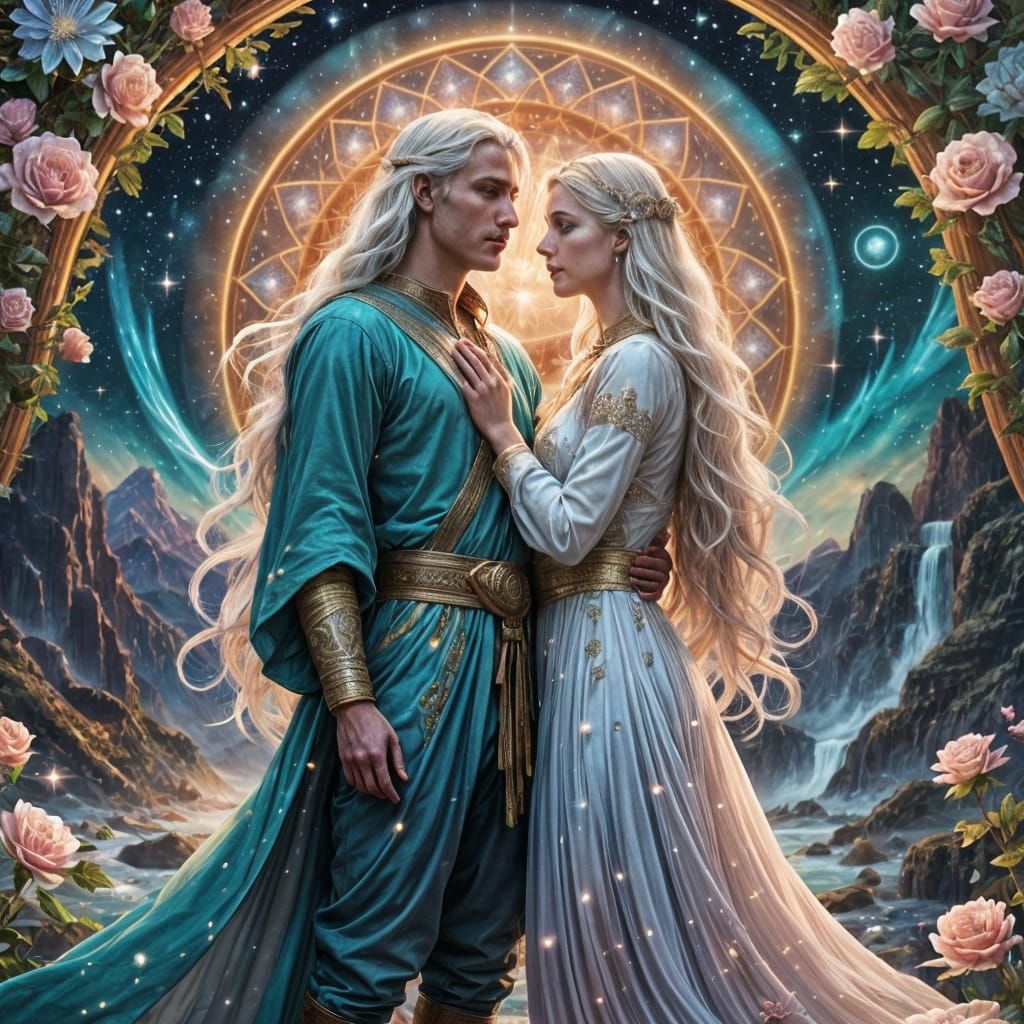 A handsome young Pleiadian male with long, plaided white hai...