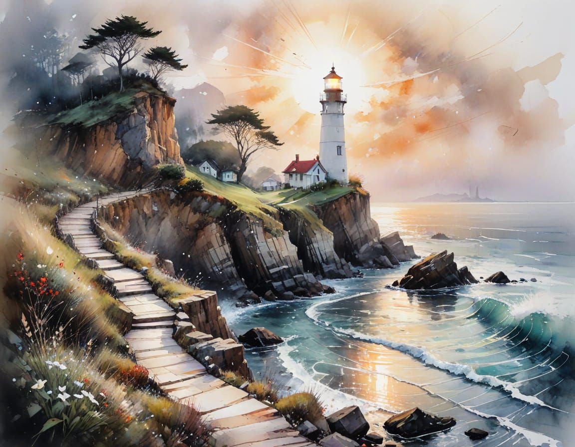 Coastal Path to Lighthouse in Expressive Watercolour