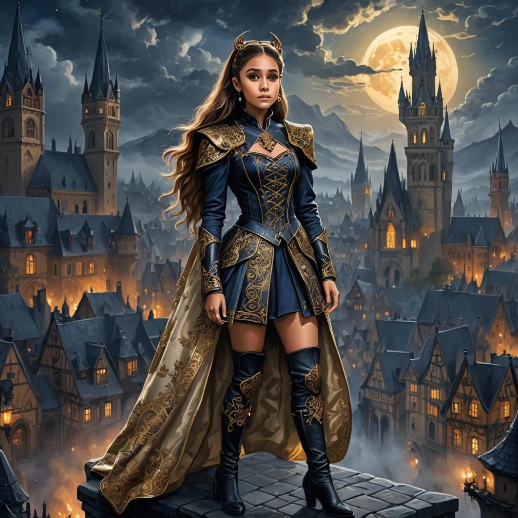 Medieval Heroine in Moonlit Gothic Scene