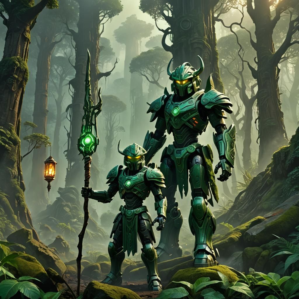 Bionicle Green Warrior Amidst Ancient Forest Ruins