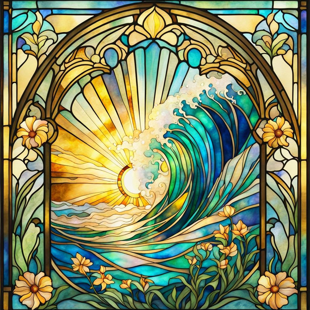 Stained Glass Ocean Waves in Art Nouveau Style