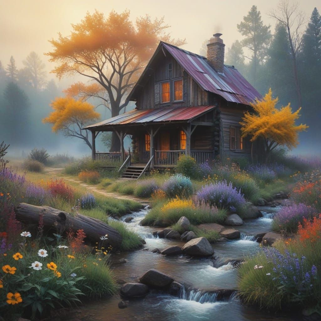 Mystical Mist Surrounds Ancient Cabin