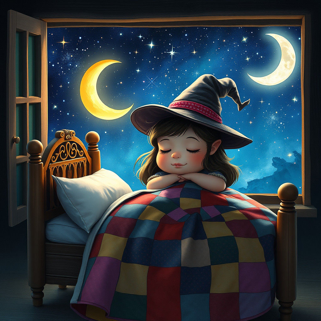 Whimsical Witch Girl Asleep Under Starry Night Sky