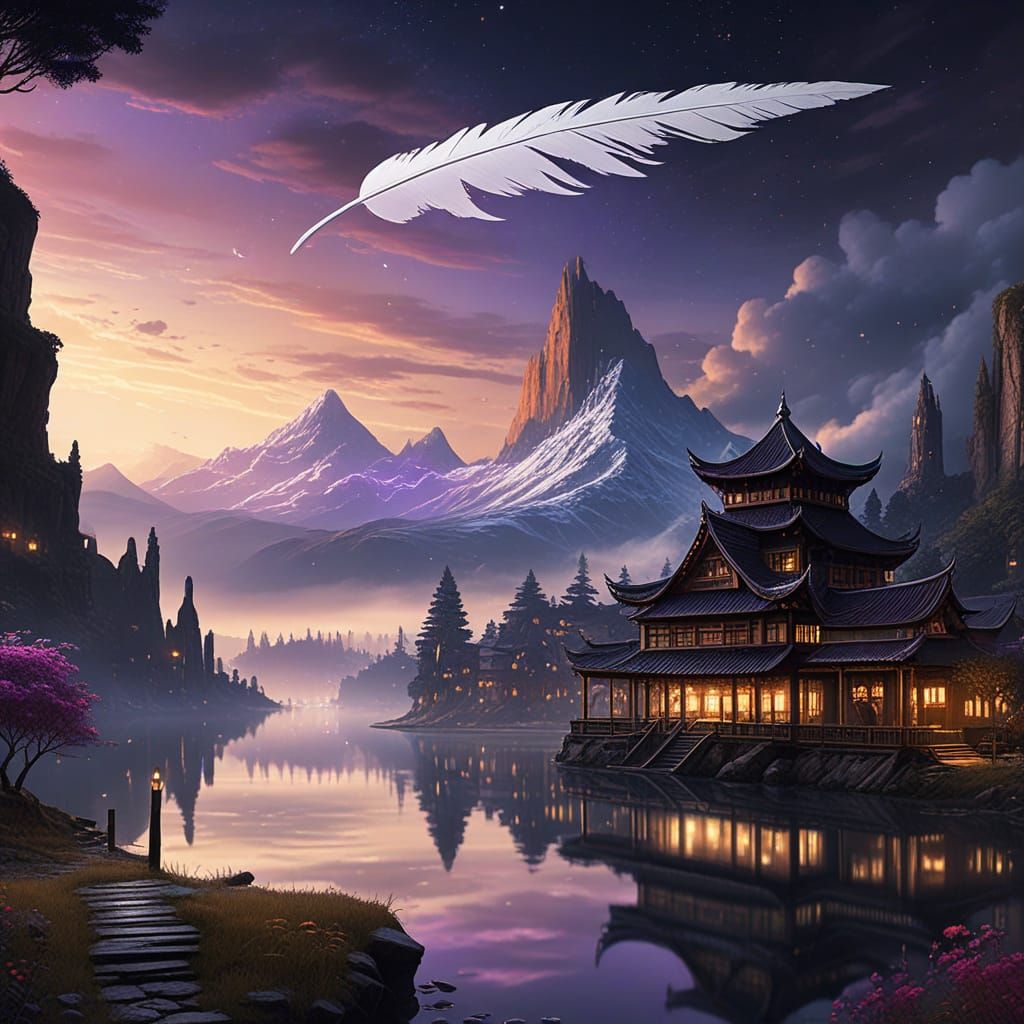 Ancient City Landscape Inside Bird Feather, Baroque Style