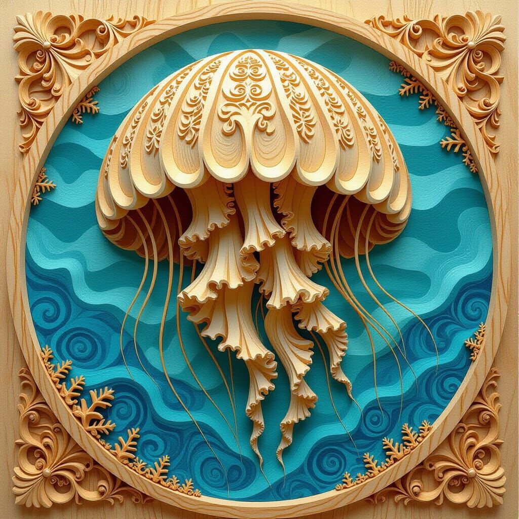 Wood Carved Jellyfish Sculpture with Fractal Patterns