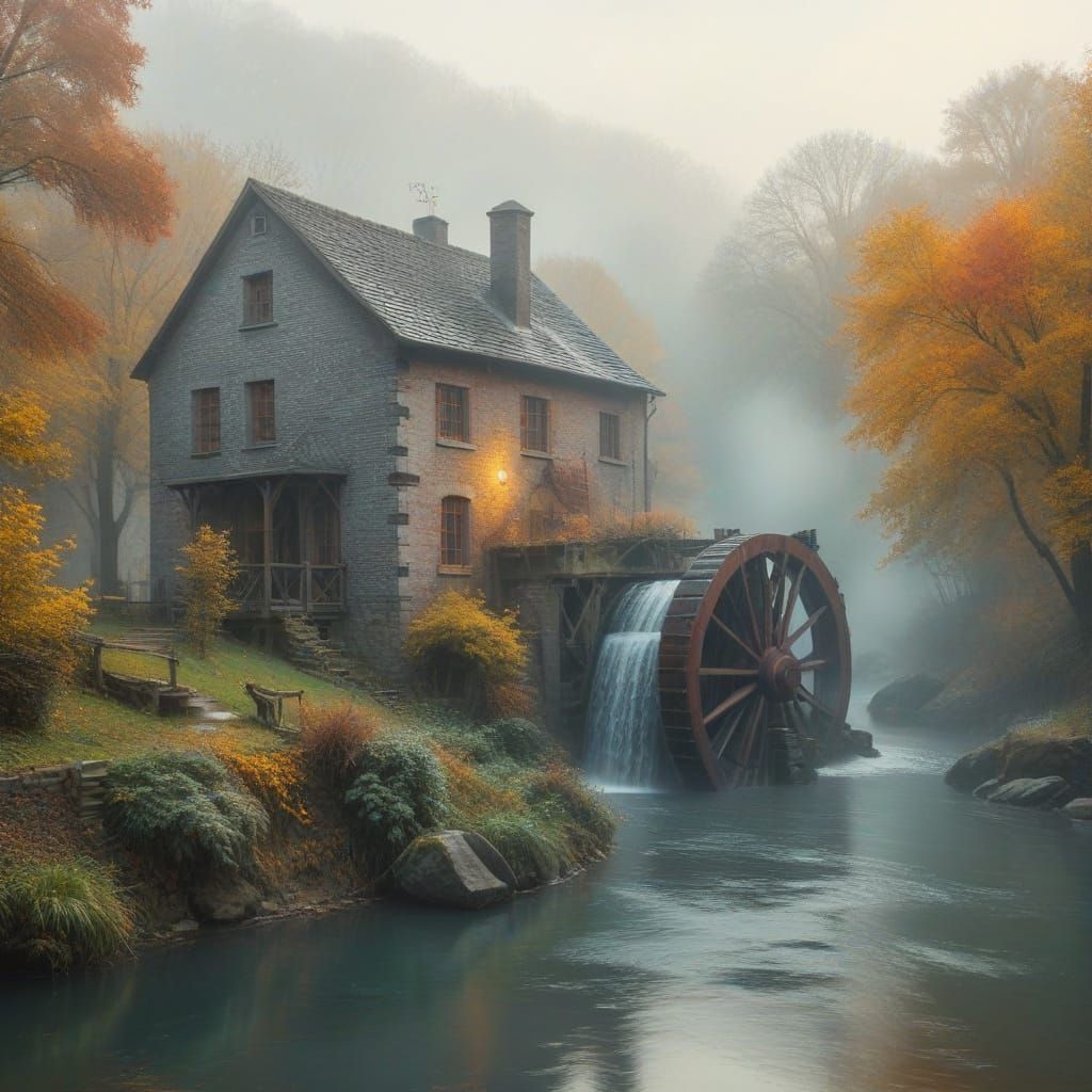 Autumnal German Village with Mystical Waterwheel Scene