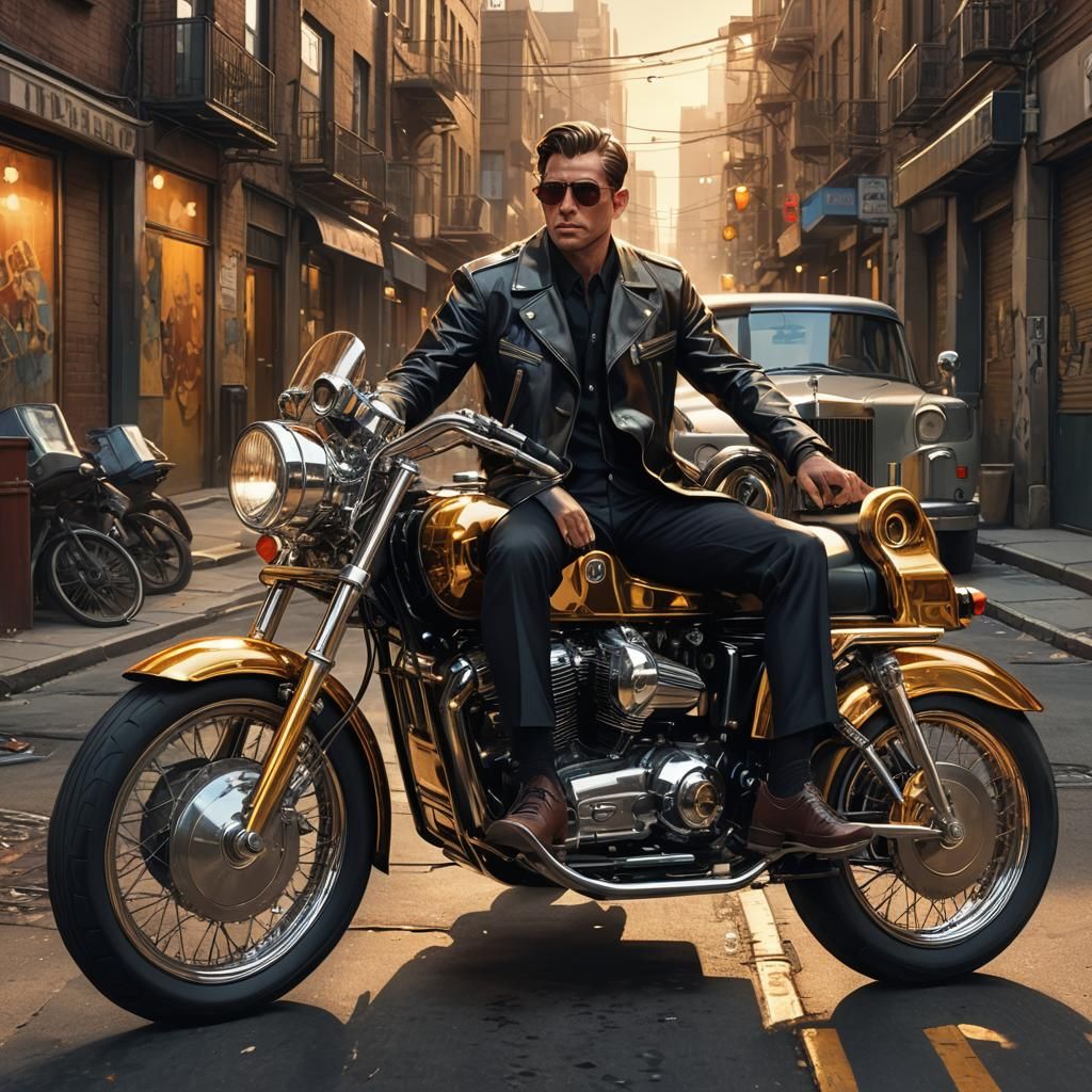 Rolls Royce Bike in City Alley, Comic Book Style