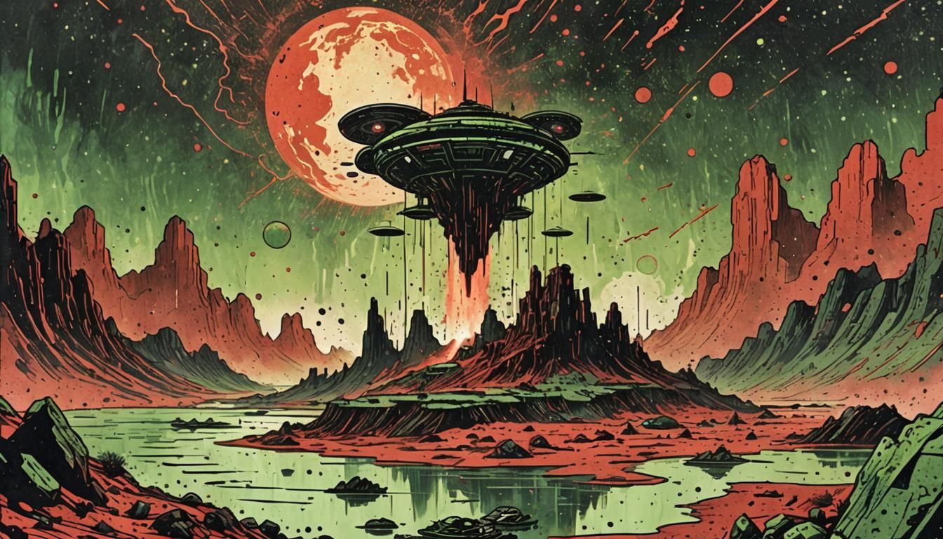 Retrofuturistic Mars Landscape in Midnight Olive Green and R...