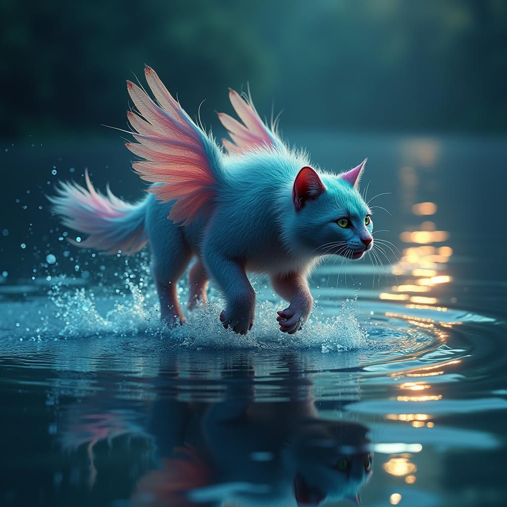Iridescent Feline Sprites Across Moonlit Water