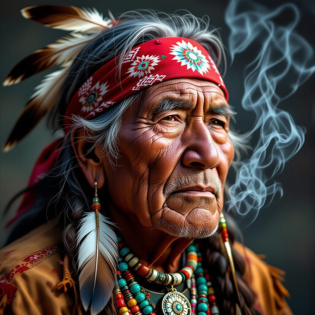 Native American Elder Portrait with Red Bandana and Turquois...