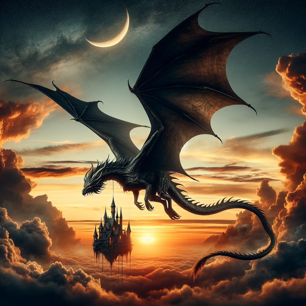 Mystical Dragon Soars Over Enchanted Castle at Sunset