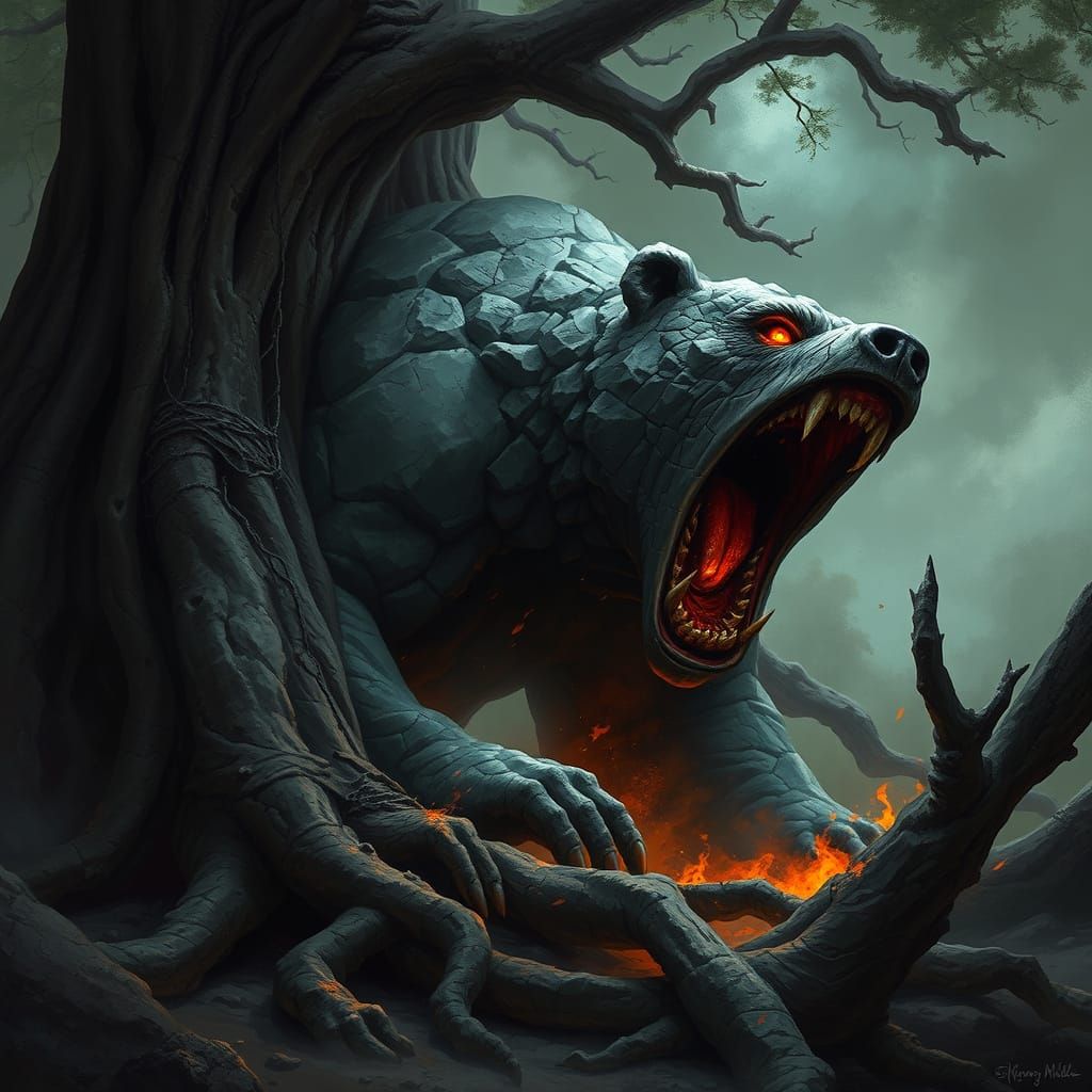 Mystical Stone Bear Awakens Amidst Ancient Roots