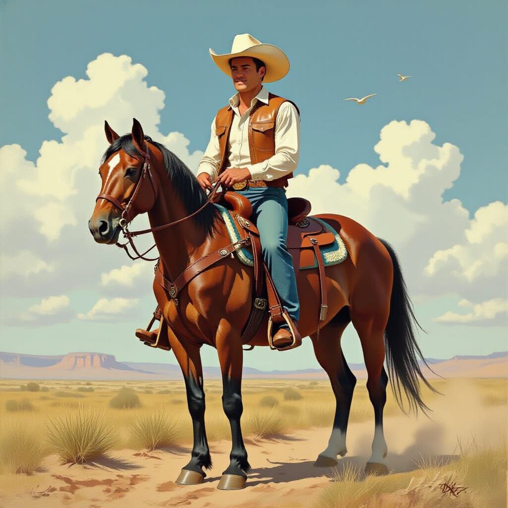 Handsome Cowboy on Horseback in Fantasy Art Style