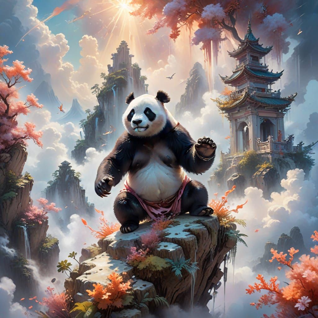 Panda Explorer in Pastel Watercolor Above Clouds