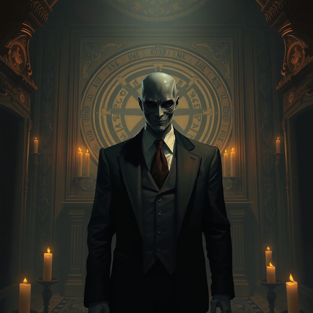 Mysterious Masked Figure in Ornate Chamber