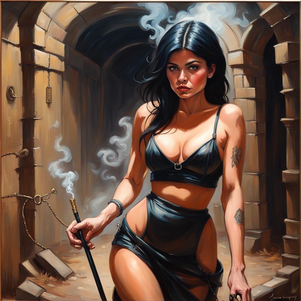 Dominatrix with Whip in Dungeon, Oil Painting