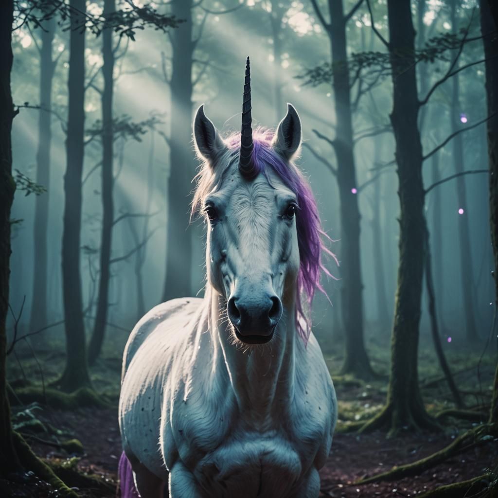 Eerie Unicorn in Dark Forest with Glowing Eyes