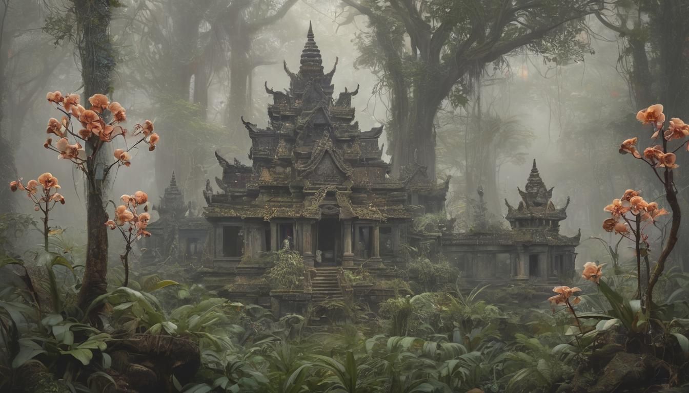 Enchanted Jungle Landscape with Ancient Ruins in Mixed-Media...