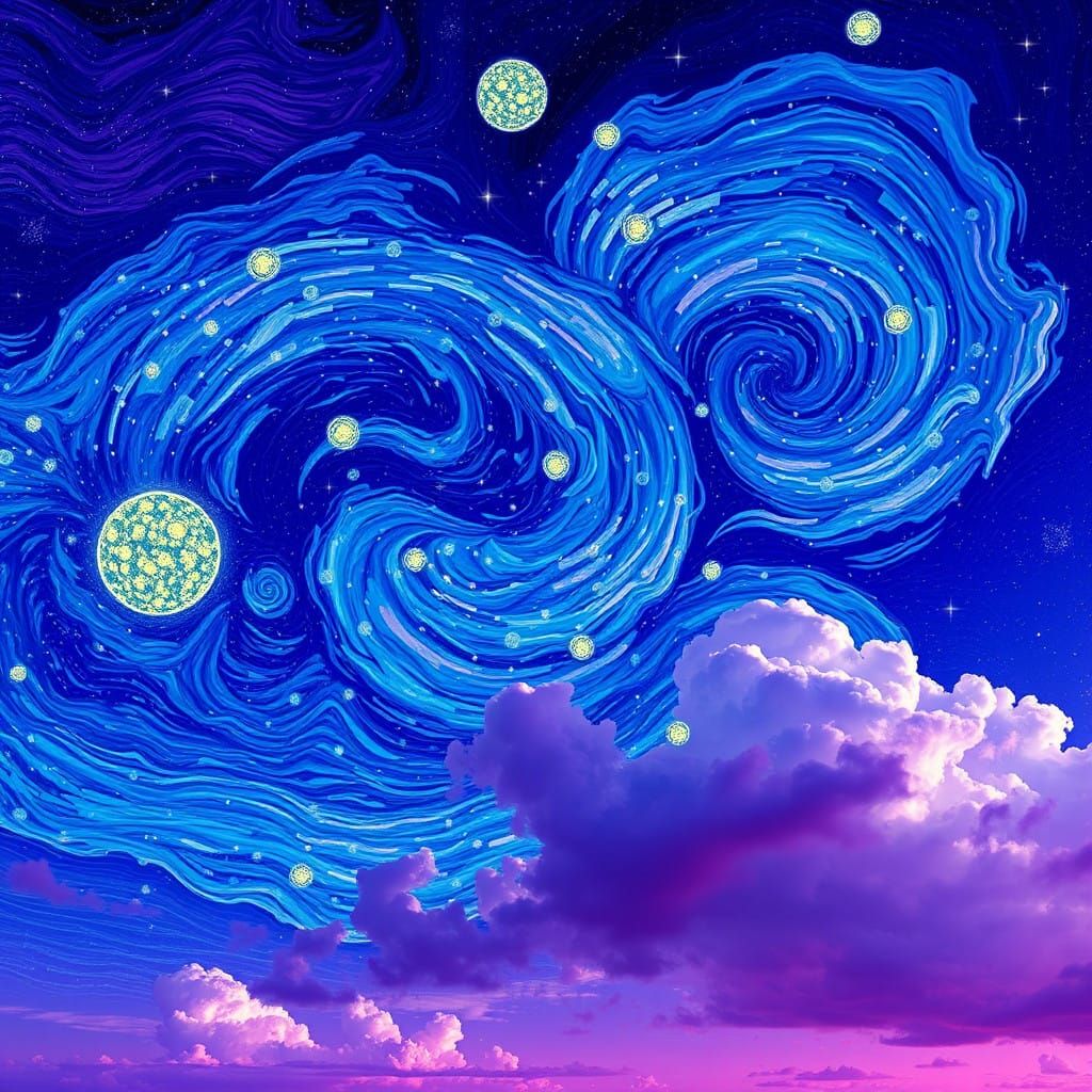 Dreamy Starry Night Sky with Swirling Clouds and Diamonds