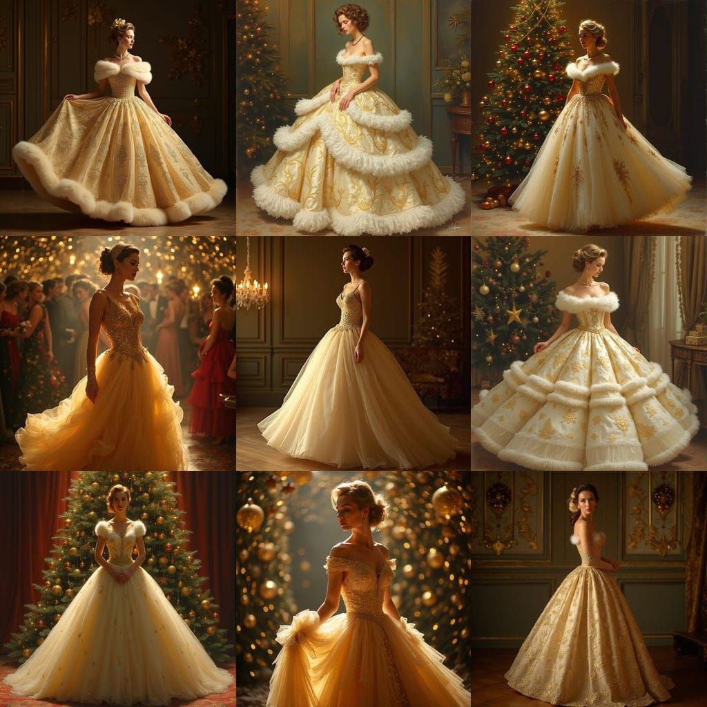 Beautiful Woman in 1950s Golden Christmas Ball Gown