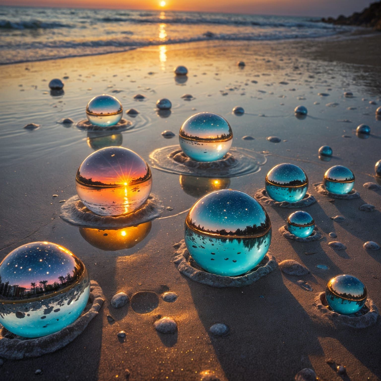 Glass Orbs Reflect Stunning Sunset on Beach